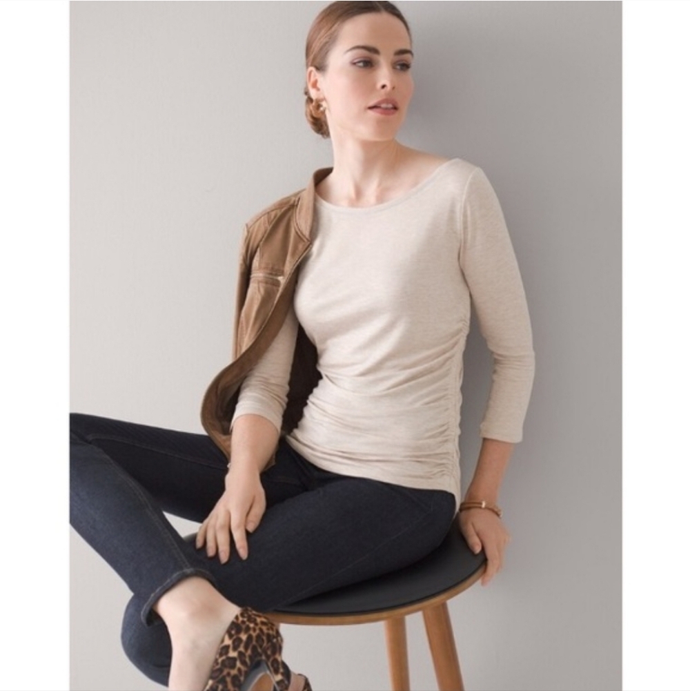 WHBM White House Black Market 3/4 Sleeve Shirred-Side Knit Tee Women's Small